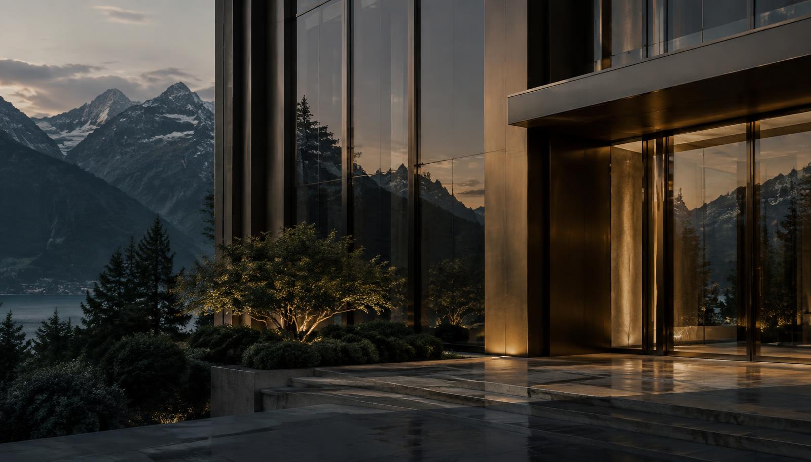 Architettura istituzionale in vetro e metallo, simbolo della consulenza Sette Broker